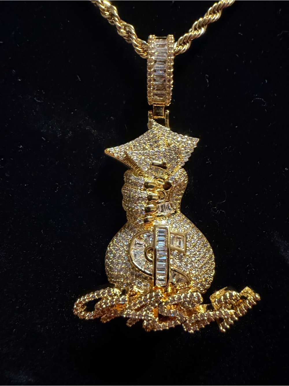 Money Bag “CASH” Pendant – 14K Gold Plated full moissanite diamonds